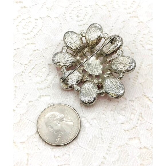 Vintage-Inspired Red Floral Rhinestone Brooch Pin Silver Tone Backing - Picture 3 of 5